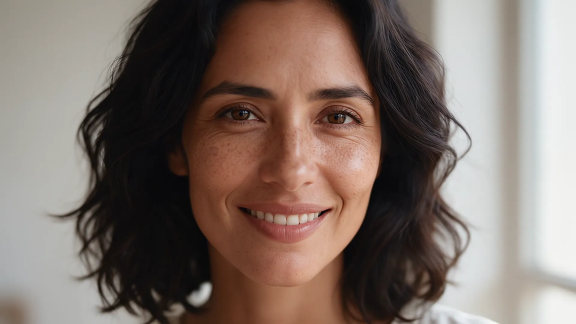 Primer plano del rostro sonriente con líneas de proporción